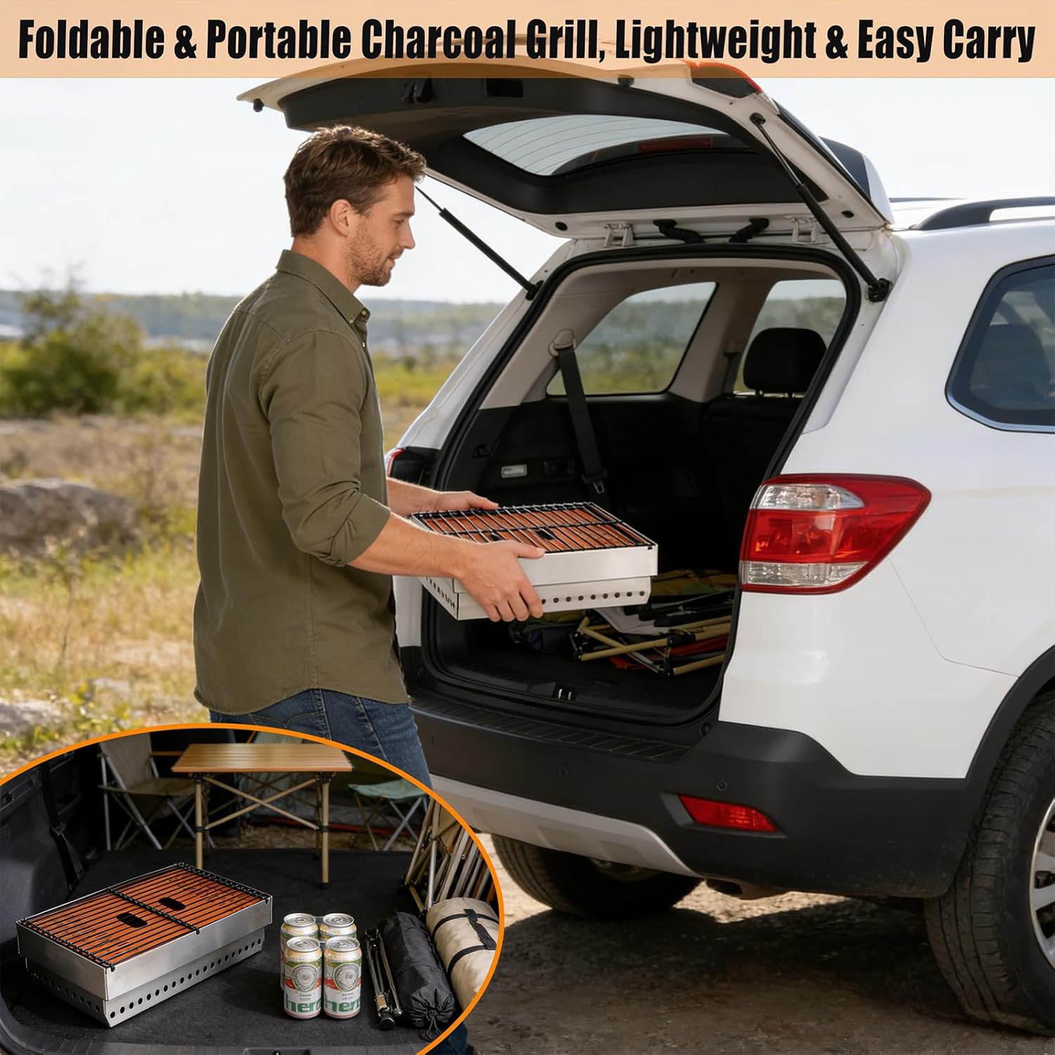 Portable Charcoal Grill, Small Tabletop BBQ, Foldable Mini Hibachi, Stainless Steel Camping Grill, Compact Outdoor Cooker for Picnic, Tailgating Chac Grl 002P (Orange)