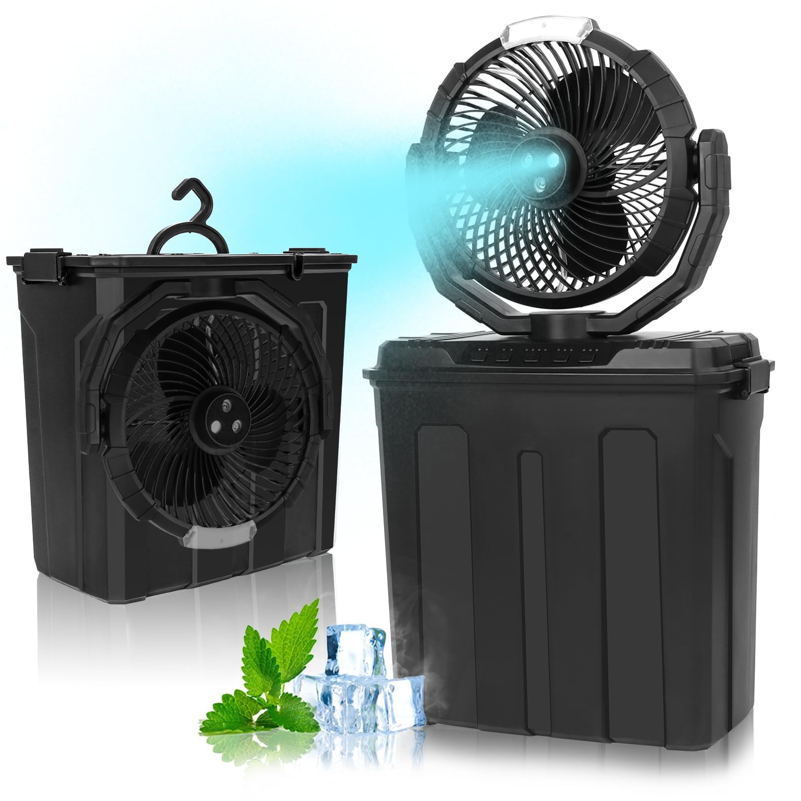Ventilateur brumisateur portable avec réservoir d'eau de 9L, 3 vitesses, 3 modes de vaporisation, ventilateur de camping durable 20000mAh, oscillation à 80°, ventilateurs de refroidissement