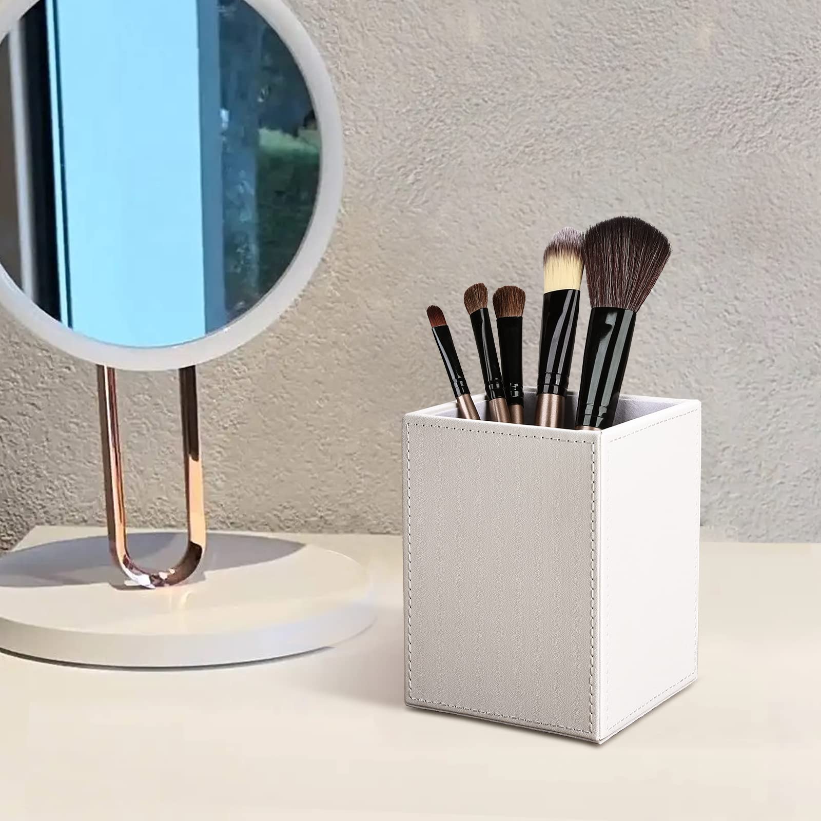 Portapenne In Pelle GORESE 2 Pezzi | Organizer Da Scrivania Per Penne E Pennelli Trucco - Bianco - Foto 11