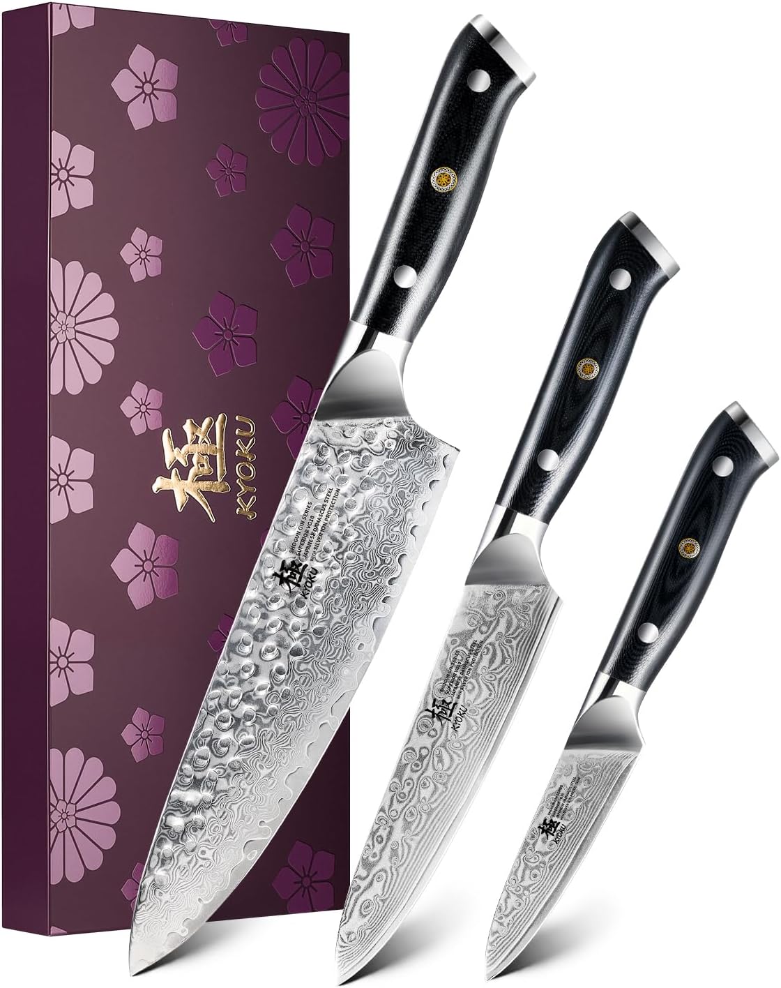 KYOKU Knife Set, 3pc Japanese Kitchen Knife Set for Cooking, 8" Chef 3.6" Paring 6" Utility Knife with Sheath Gift Box, Professional Sharp Damascus Stainless Steel Knives for Meat Vegetable Fruit