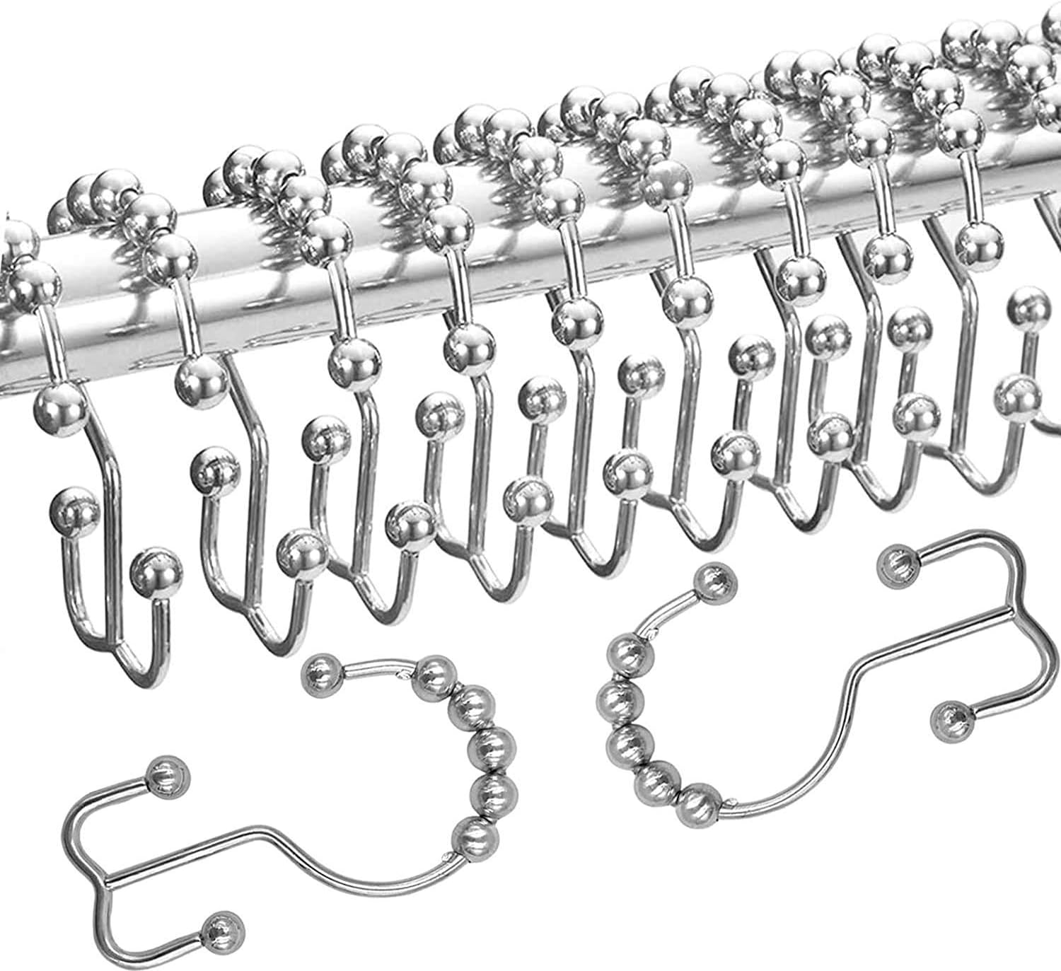 Shower Curtain Hooks Rings,Premium Resistant Shower Hooks for Curtain,Metal Roller Glide Double Hook for Bathroom Curtain Rods,Set of 12 (Chrome)