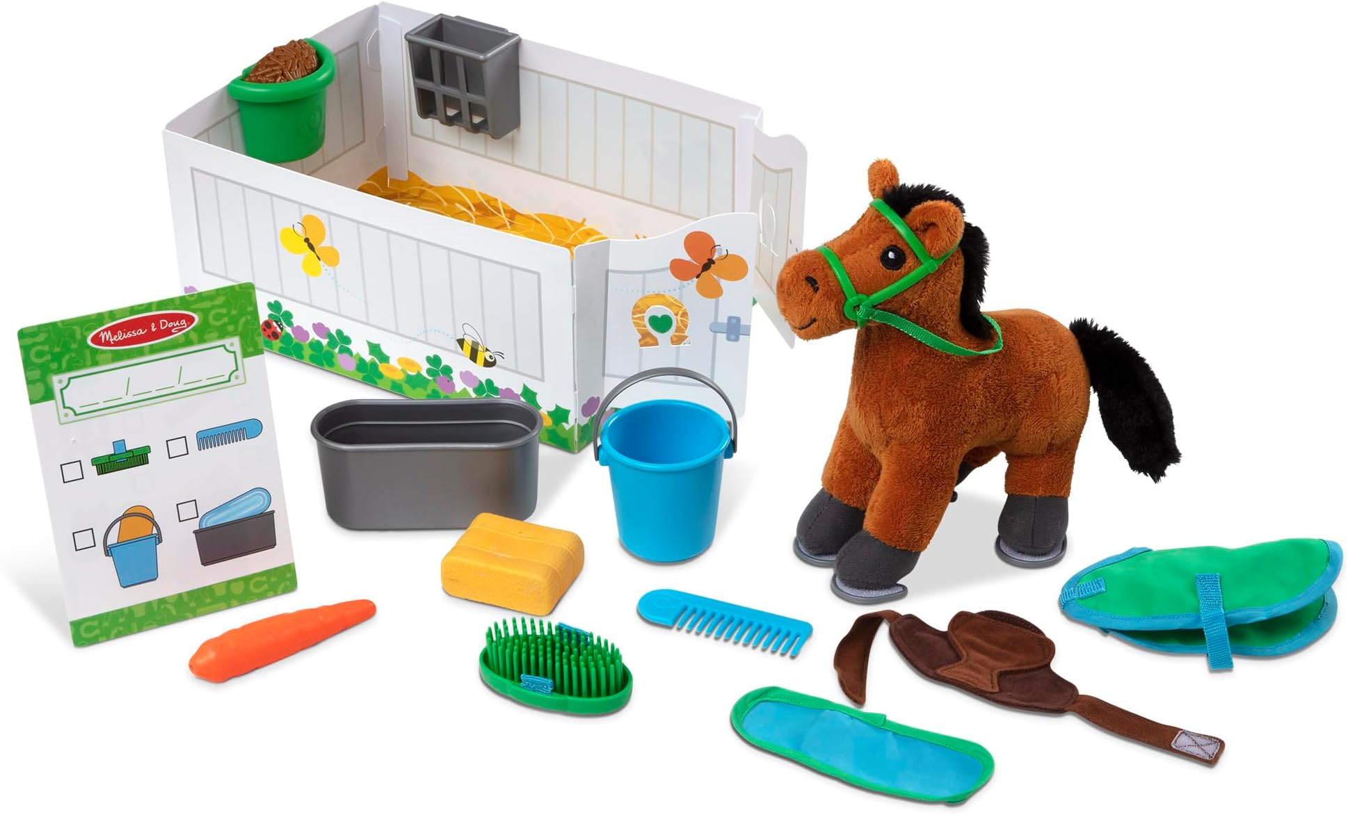 Melissa & Doug Feed & Groom Horse Toy − Animal Care Role Play Set for Children | With Stable & Plush Pony | Age 3+