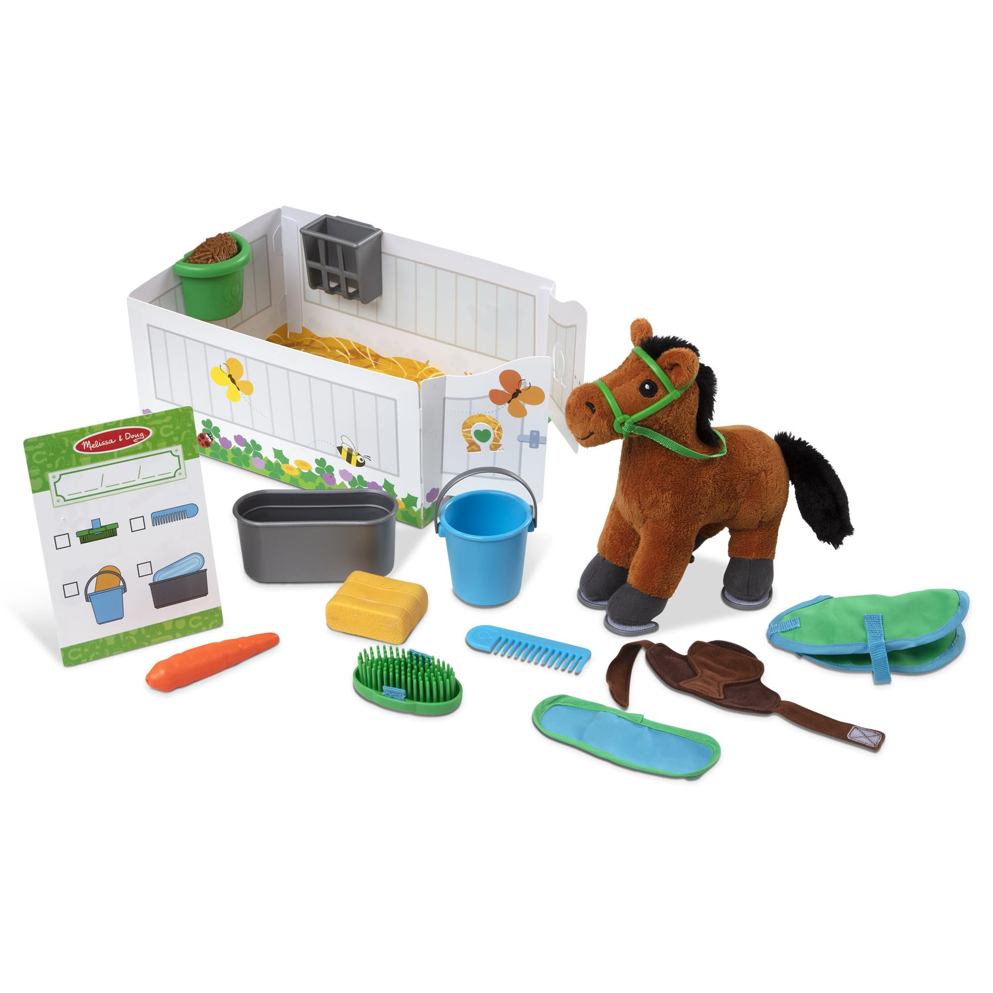 Feed & Groom Horse Toy − Animal Care Role Play Set for Children | With Stable & Plush Pony | Age 3+