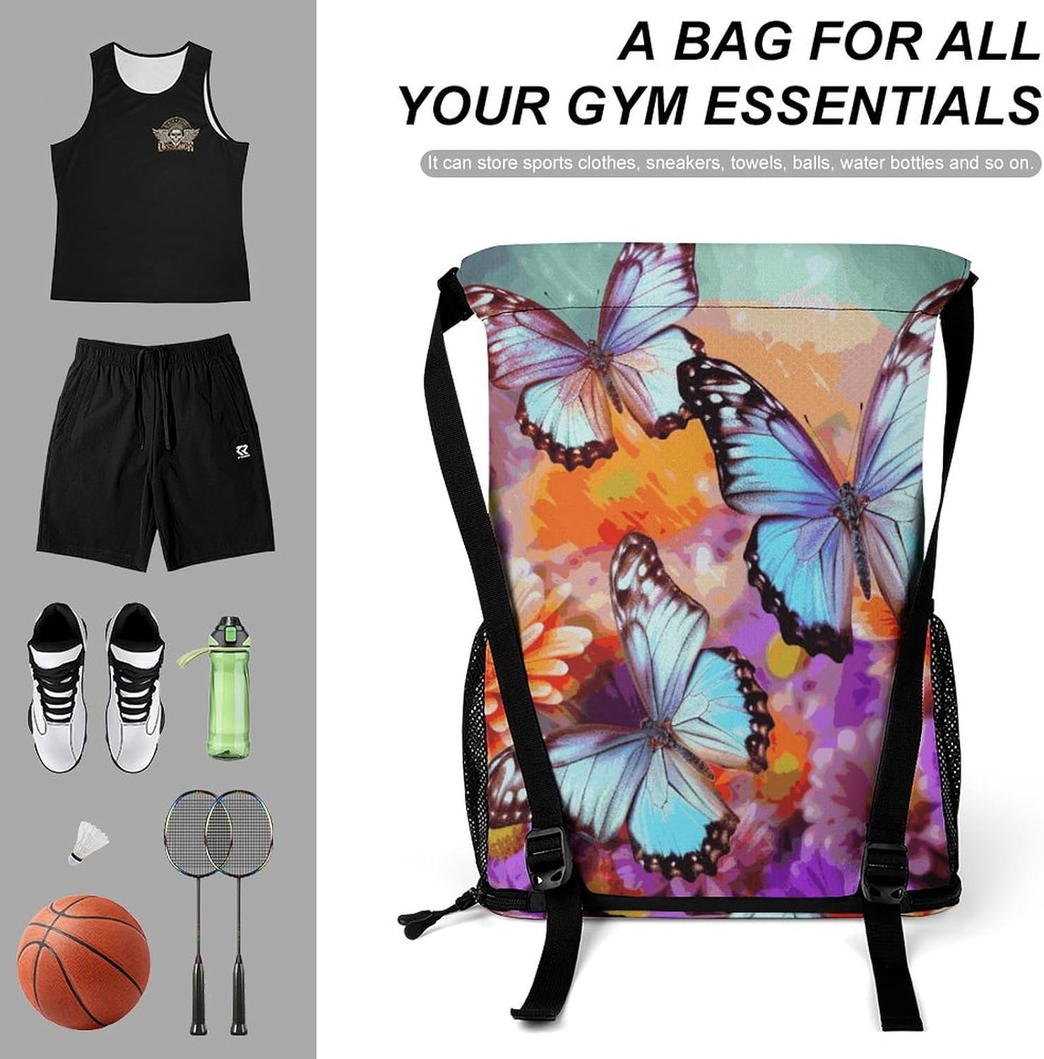 Fitness Drawstring Backpack Waterproof Gym Bag Flowers Colorful Butterfly Lightweight Dry And Wet Separation Swim Bag image 3