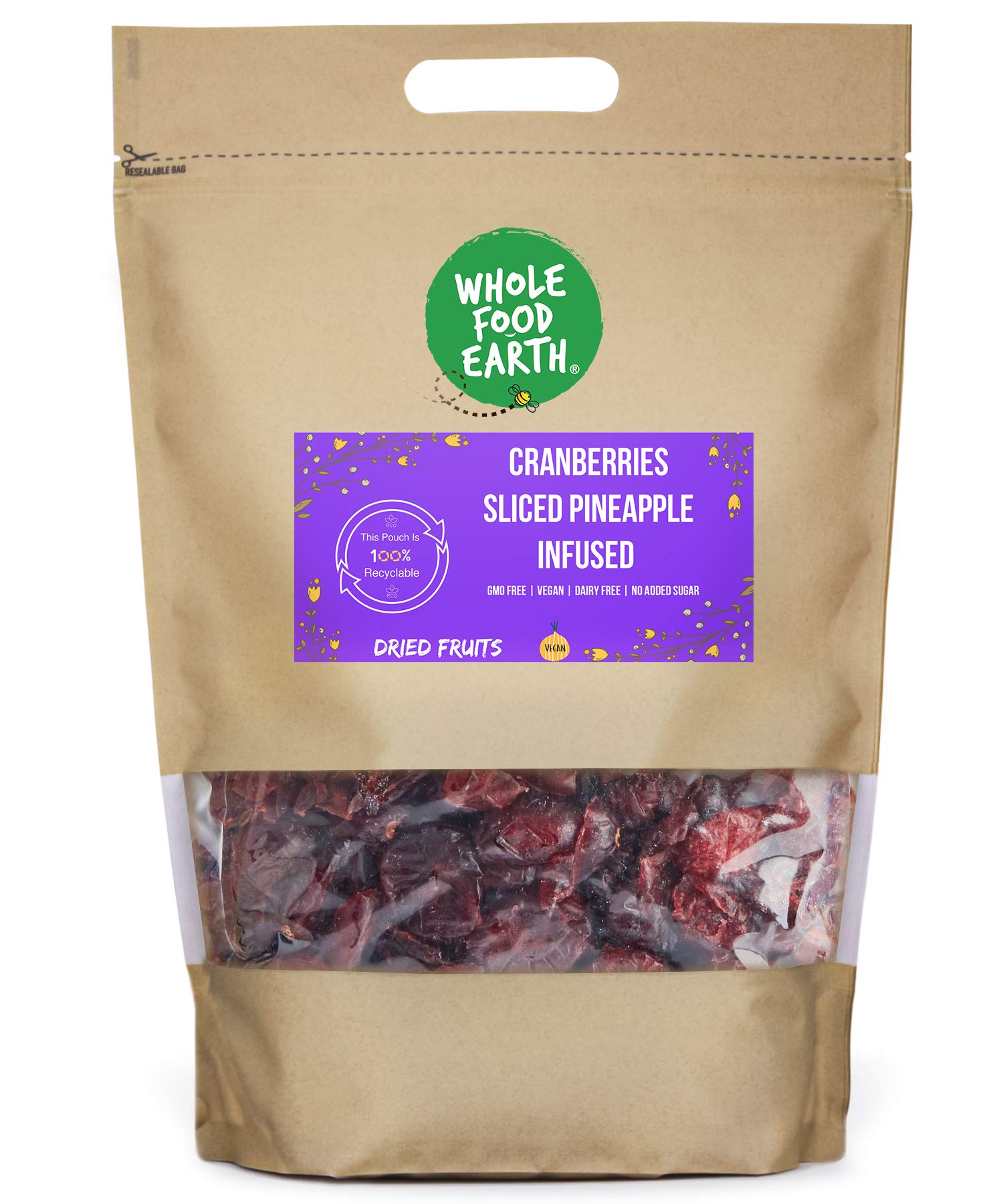 Wholefood Earth Dried Cranberries Infused in Pineapple Juice 250 g | GMO Free | Source of Fibre