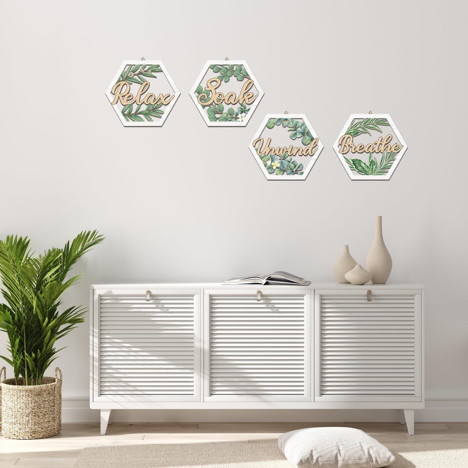 HOURIA 4pcs Green Eucalyptus Bathroom Wall Decor(10”x9”), Rustic Relax Soak Unwind Breathe Wall Art,Sage Green Botanical Leaves Wood Hanging Sign for Toilet Restroom Living Room Office