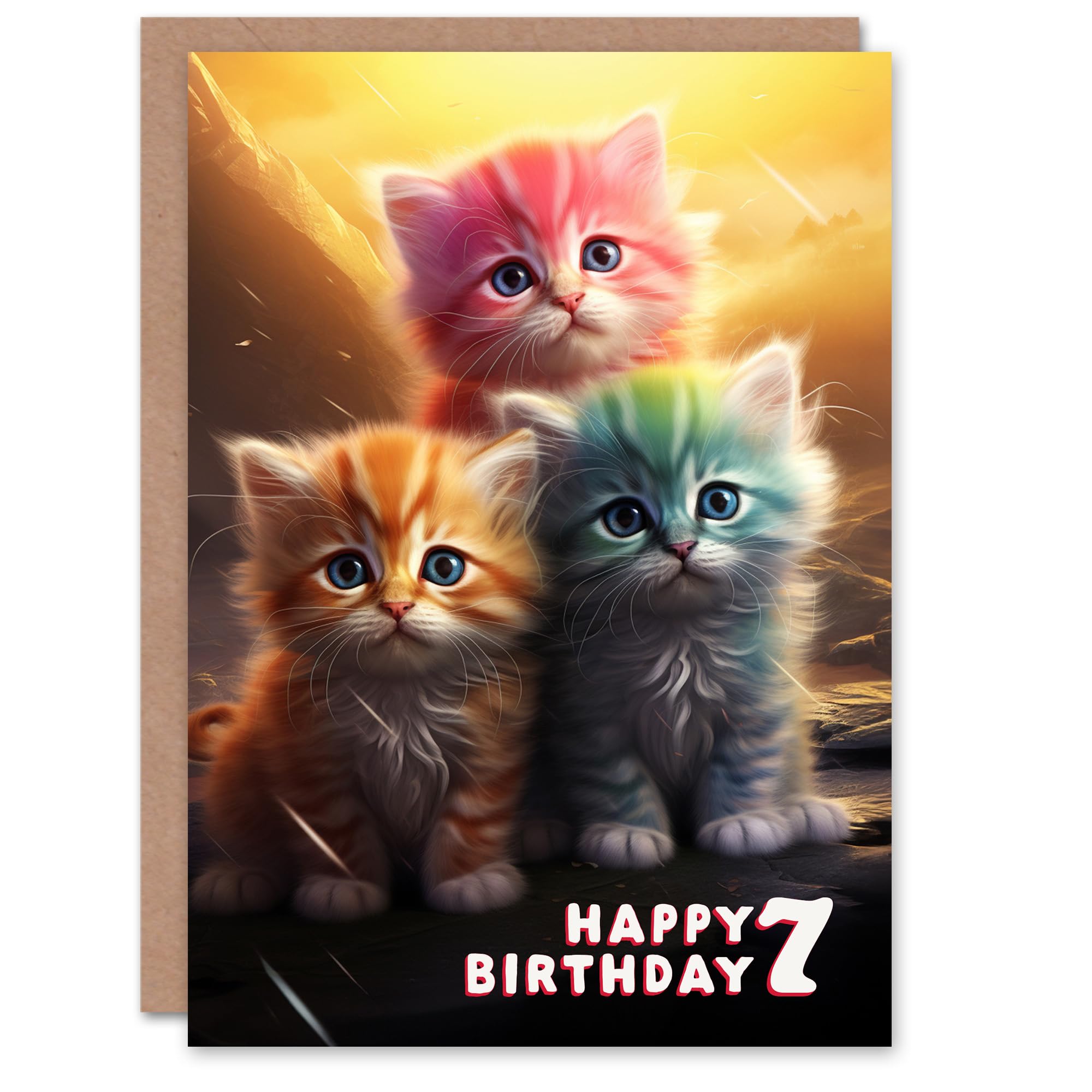 Artery8 7th Birthday Greeting Card Cute Rainbow Kittens Kids Age 7 Year Old Child