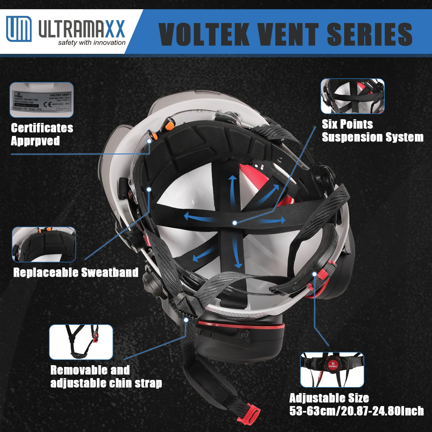 UM ULTRAMAXX Schutzhelm mit integriertem Visier, Ohrenschützer-Kits, Schutzhelm mit belüftetem Design, ANSI Z89.1 zertifiziert, ideal für Industrie und Bauwesen