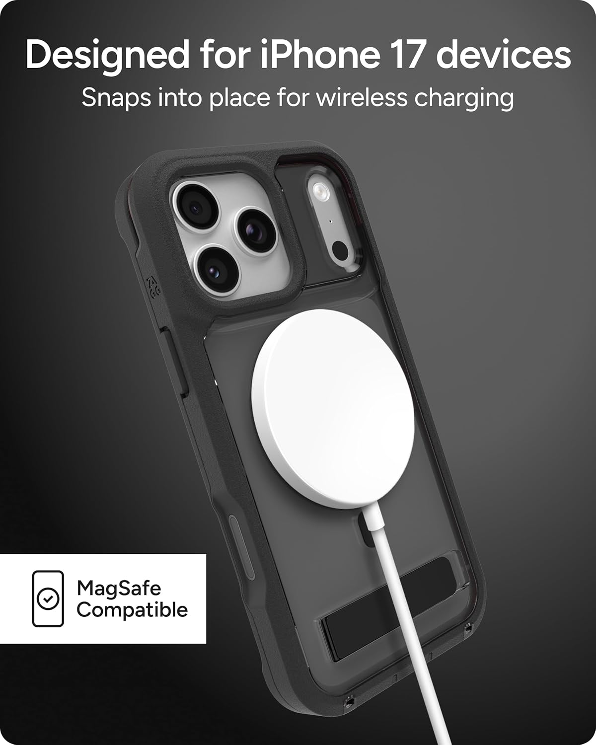 ZAGG Rainier Case with Kickstand for iPhone 17 Pro Max - Smoke Black, Graphene 22ft (7m) Drop Protection, Lanyard Attach Points, MagSafe, Wireless Charging Compatible, 2-Piece Design, Phone Case