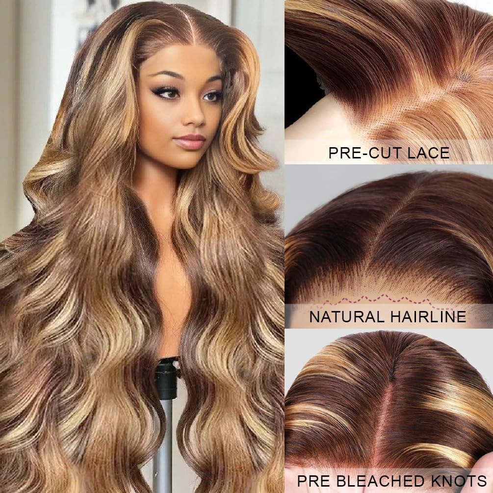 Ombre Lace Front Wig Human Hair 30 Inch Highlight Glueless Wigs Pre Plucked Pre Cut 7x5 Lace Blonde Highlight Wig Human Hair Glueless Wear and Go 200% Density 4/27 Ombre Wig For Women