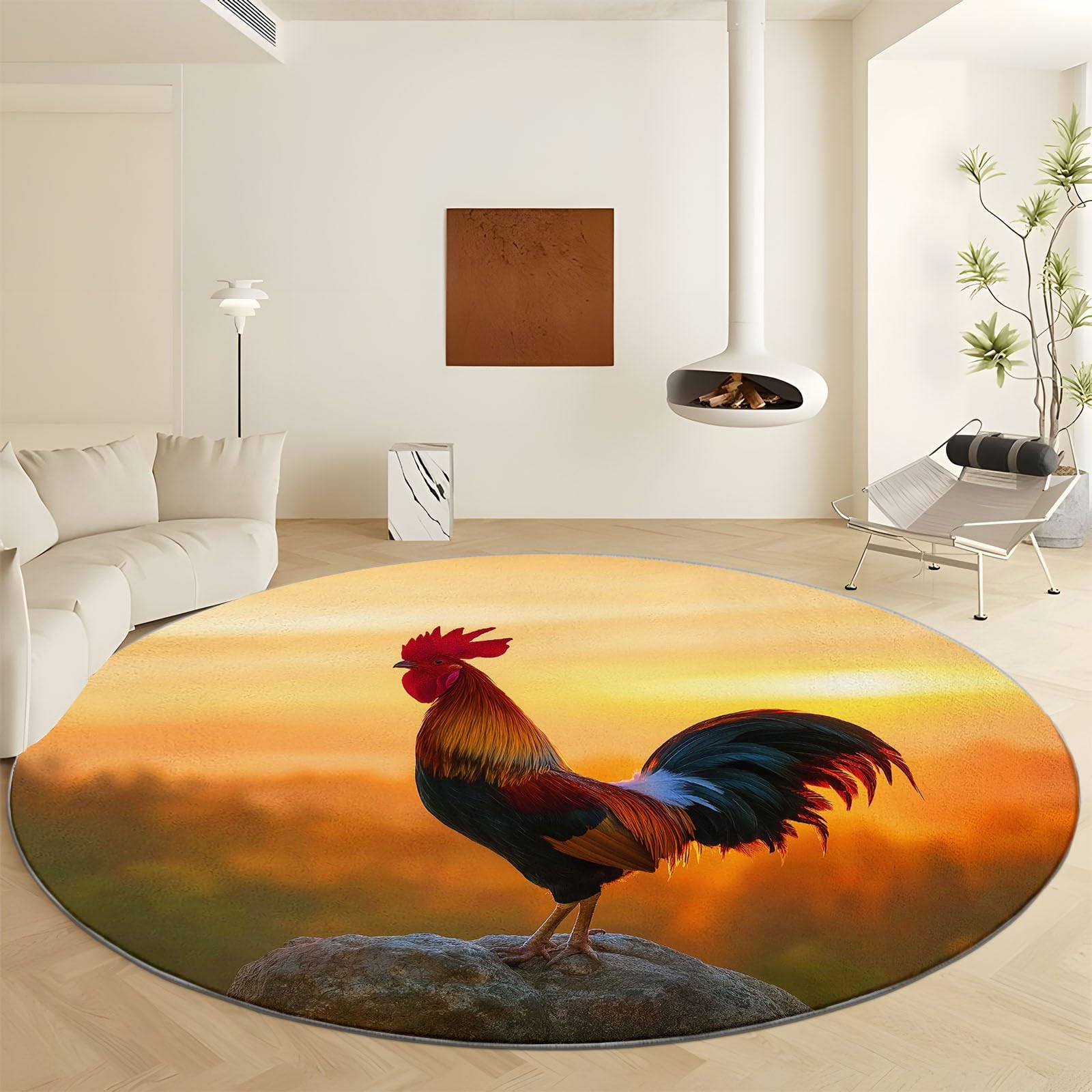 Przytulny okrągły dywan z krótkim włosiem, 100 cm, wytrzymały dywan rzucany z surrealizmem z nadrukiem zwierzęcym - antypoślizgowy spód i idealny jako akcent wewnątrz (pomarańczowy)