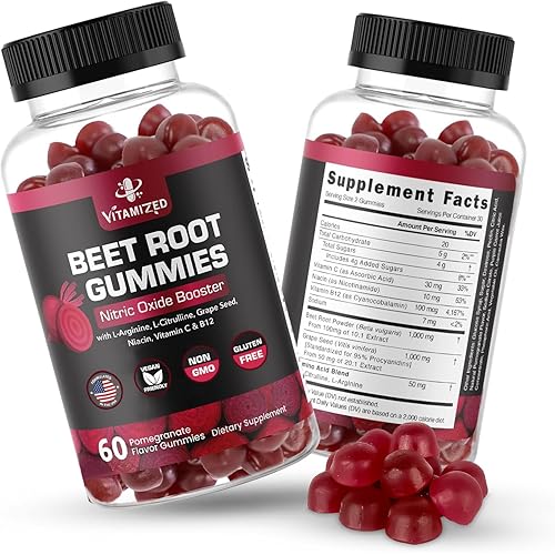Beet Root Gummies - Super Nitric Oxide Beets Supplement - Red Beetroot Heart Chews with Grape Seed Power & B12- Pomegranate Flavor, 60 Chewables Beets
