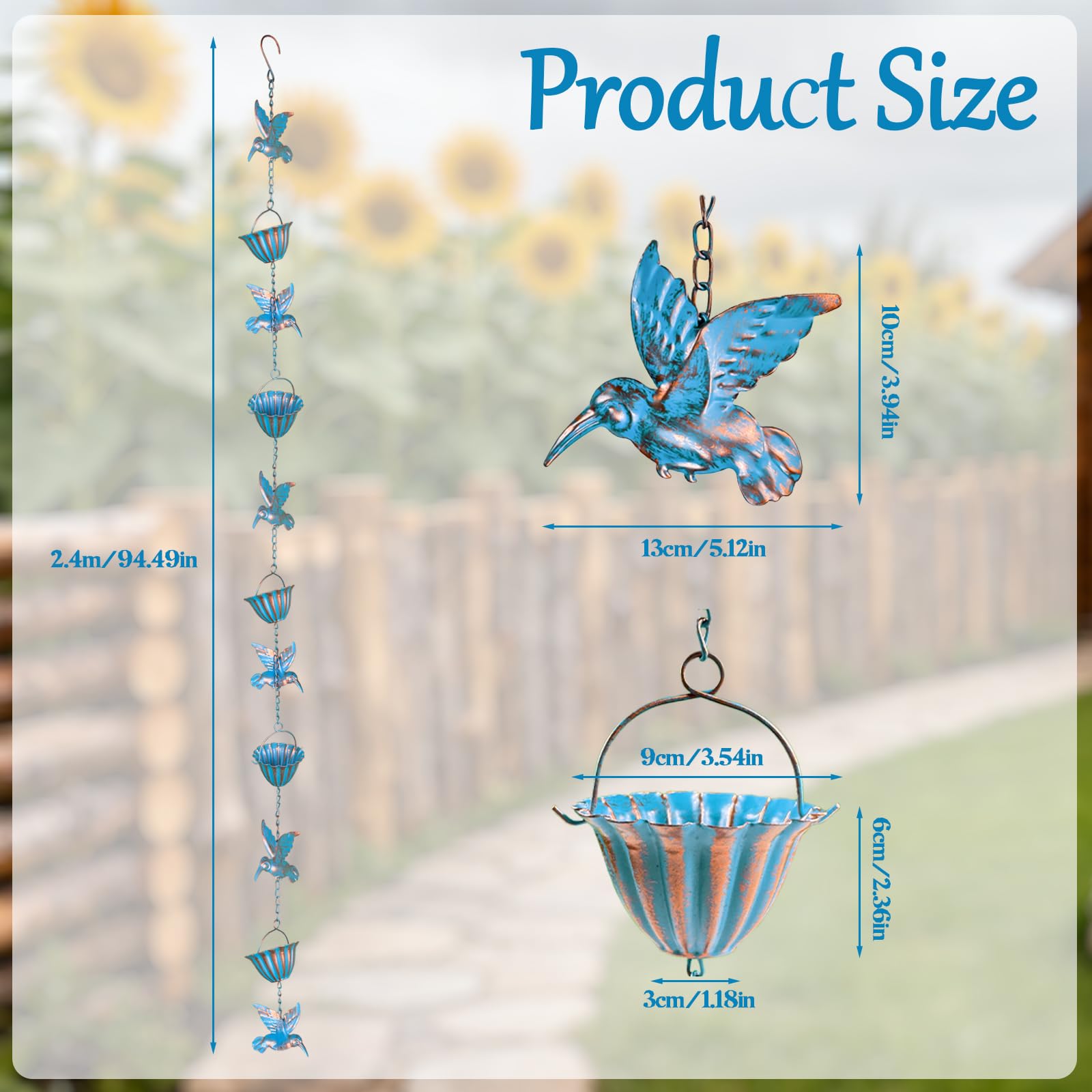 2,4 m Catene della Pioggia, Rain Chain Blu Colibrì Ferro retrò Collettore di Acqua Piovana per Esterni Adatto per Grondaie e Cornicioni del Cortile