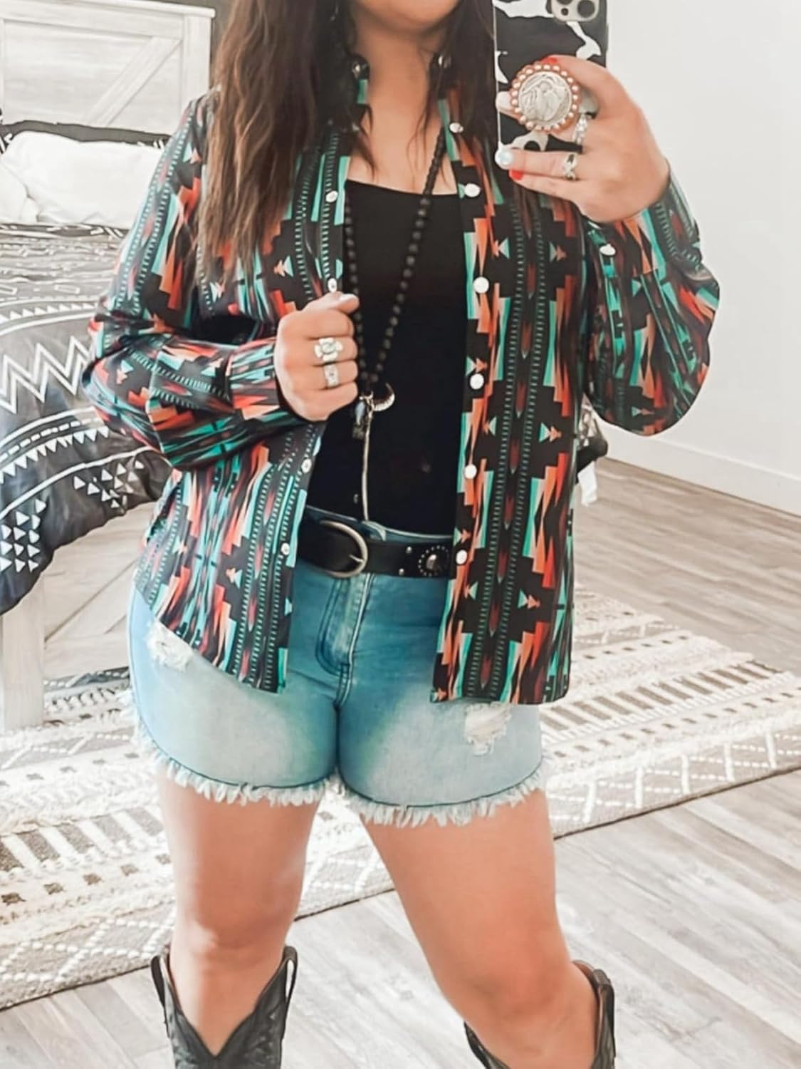 Womens Retro Aztec Pearl Snap Shirts Lapel Button Up Blouse Long Sleeve Cowgirl Ethnic Print Rodeo Western Tops - Image 6