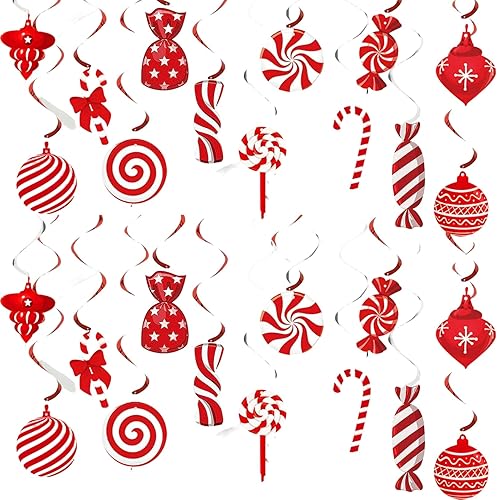 26 Pcs Christmas Candy Ceiling Decorations, Christmas Candy Hanging Foil Swirl Decorations, Red and White Hangings Decor Foil Streamer Xmas Ceiling Decoration, Xmas Holiday Party Supplies
