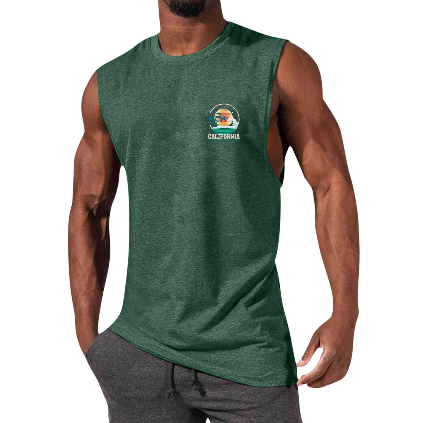 Glsayzu Men's Green Casual Tank Tops Summer Beach Sleeveless Shirt Muscle Tee Basic T-Shirts Loose Fit (,M)