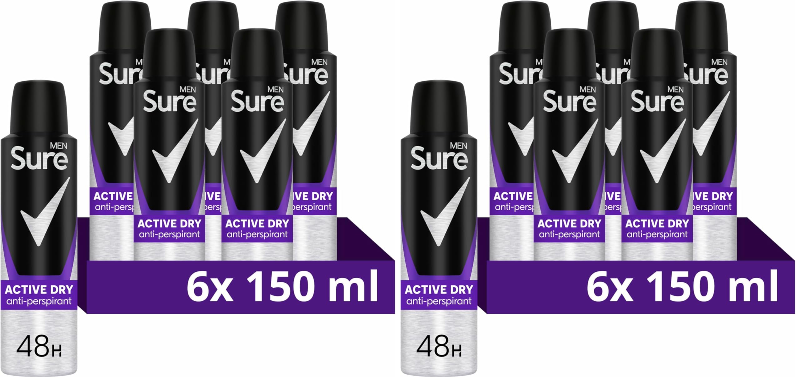 Sure Men Active Dry Deodorant Body Spray Antiperspirant with MotionSense technology for 48 hour protection against sweat and odour 150 ml, Pack of 6 — view 8