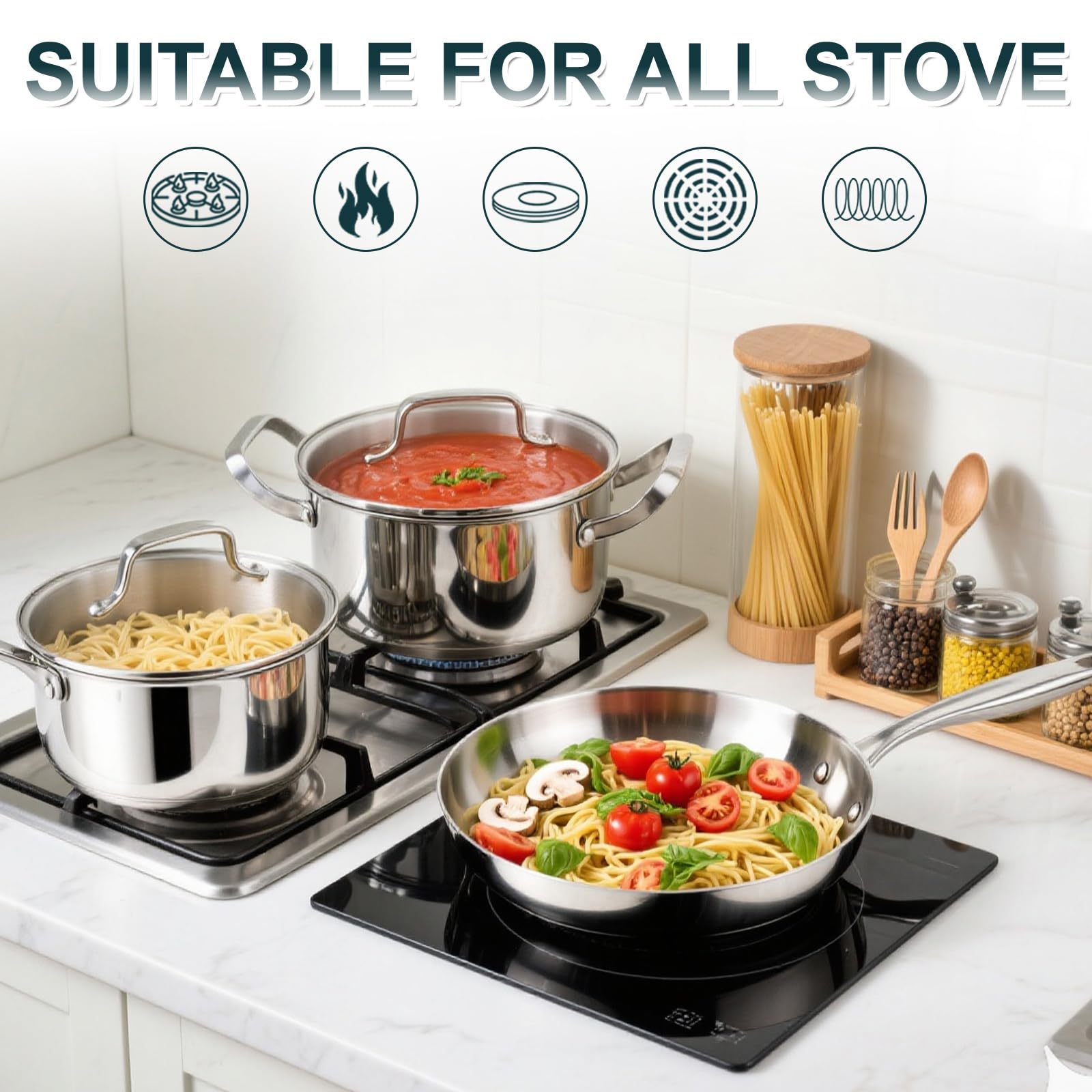 Batterie de Cuisine - 20 pièces Casseroles et Poêles en Acier Inoxydable, Poêle 30 CM, Sauteuse 18/20 CM, Casseroles 22/26 CM – Tous feux compatibles