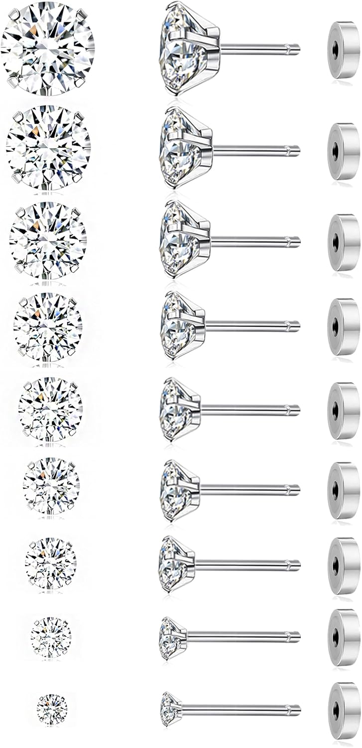 9 Pairs Threadless Flat Back Stud Earrings For Women Men Stainless Steel Stud Earrings 20G Cubic Zirconia Push in Barbell Cartilage Earrings Set 2-10MM Silver Plated