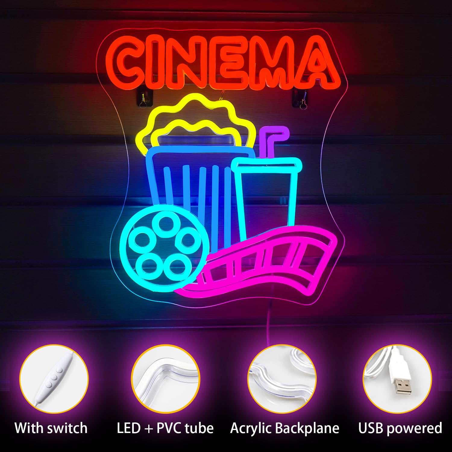 Horseneon Letrero Bio de Neón LED Luz de Neón para Pared con USB-Dimmer - Letreros de Luz de Neón para Dormitorio, Sala de Estar con Palomitas de Maíz
