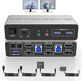 USB 3.0 Dual Monitor KVM Switch 4K@60Hz HDMI+Displayport KVM Switch 2 Monitors 2 Computers, 2 in 2 Out HDMI DP Extended Display Switcher with Controller DC Adapter and Audio Microphone Keyboard Mouse