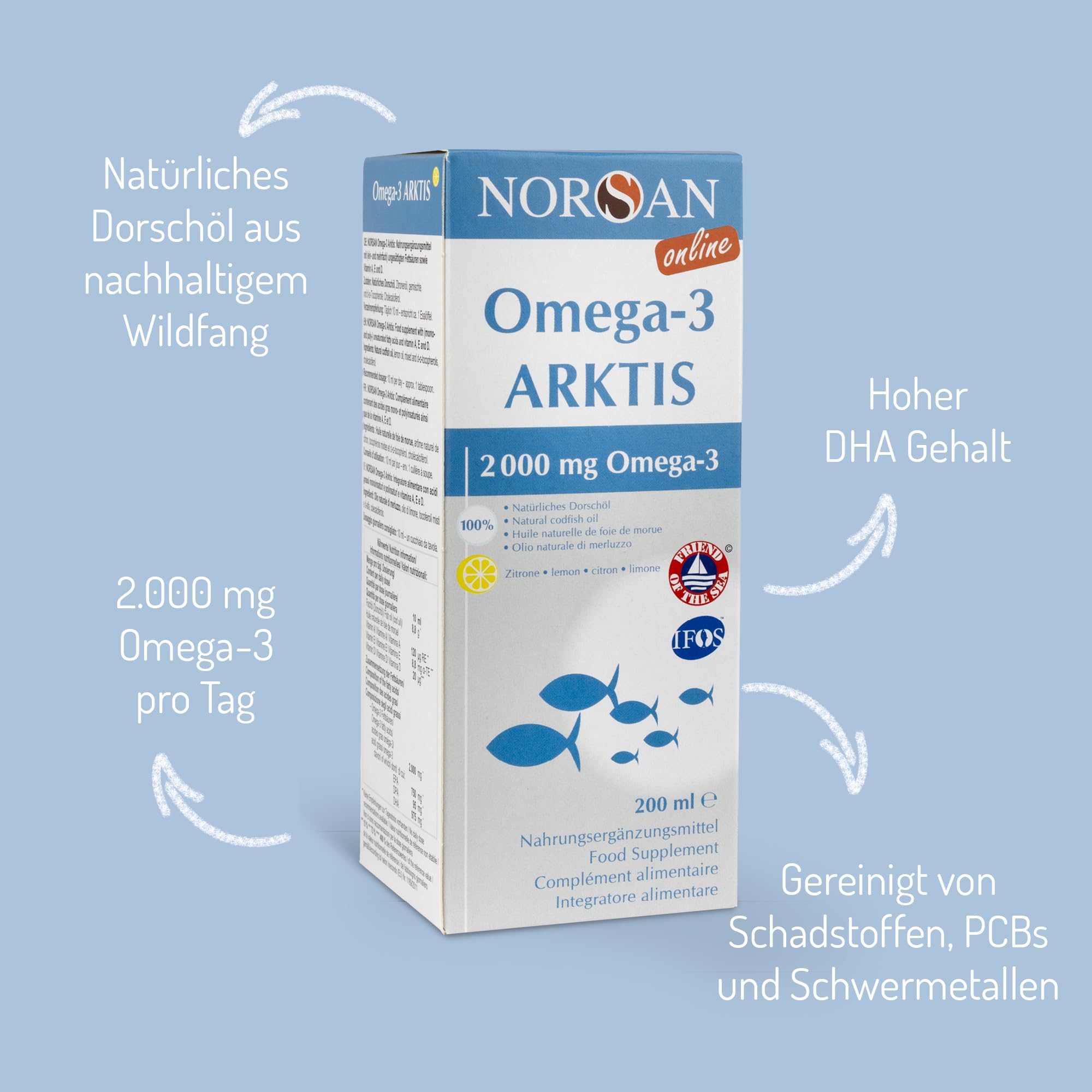 NORSAN Premium Omega-3 Arktis Dorschöl hochdosiert 2x 200 ml - 2.000 mg Omega-3 pro Portion mit Zitronengeschmack - Fischöl mit EPA & DHA - Premium Öl 800 IE Vitamin D3