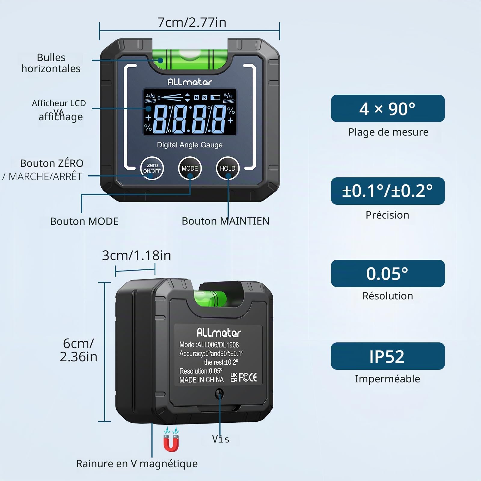 Inclinomètre Digital avec Niveau à bulle Rapporteur d'angle numérique 4 * 90 ° Base Aimant Rainure V Écran LCD VA rétroéclairé Pour Bricoleur, Menuiserie, Bâtiment, Automobile