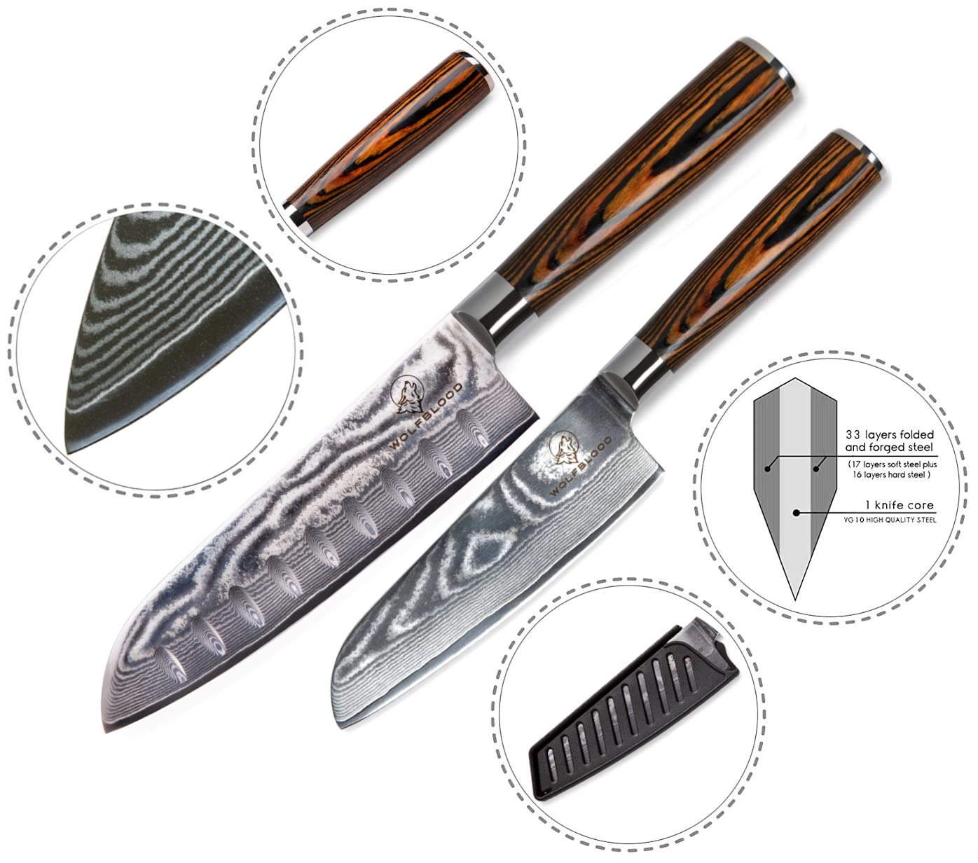 Wolfblood 2er Santoku Damastmesser Set (30cm und 24cm) TÜV geprüfter 62 HRC Damaststahl aus 67 Lagen I Damast Küchenmesser Set mit Santokumesser Holzgriff Geschenkbox & Klingenschutz