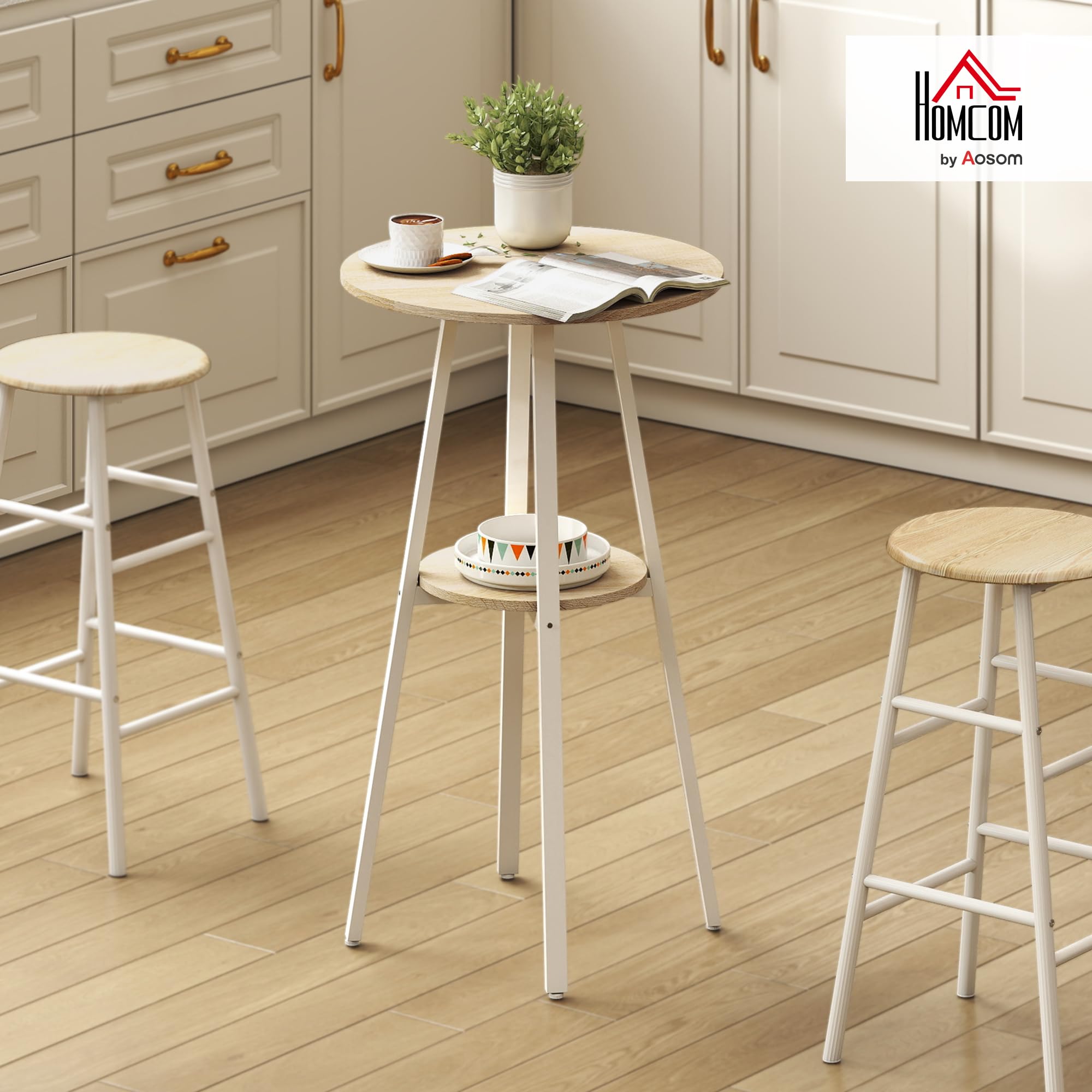 HOMCOM Tavolo Bar Rotondo con Mensola Ø55x95 cm Color Legno e Bianco