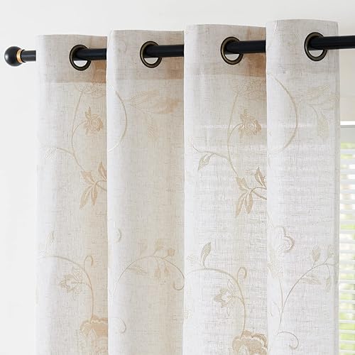 jinchan Linen Curtains for Living Room Light Filtering Floral Embroidered Curtains Flax Look Farmhouse Curtains Scroll Embroidery Window Drapes Curtain Set Grommet Top 2 Panels 84 Inches Long Beige