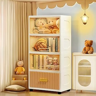 ABOUT SPACE Plastic Wardrobe for Storage - 4 Tier Portable Stackable Plastic Rack with Hidden Door, Multipurpose Storage Organizer for Bedroom, Living Room (PP - White - L 49 x B 29.7 x H 106.5 cm)