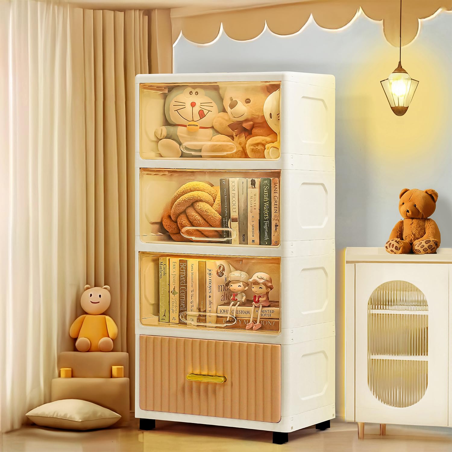 ABOUT SPACE Plastic Wardrobe for Storage - 4 Tier Portable Stackable Plastic Rack with Hidden Door, Multipurpose Storage Organizer for Bedroom, Living Room (PP - White - L 49 x B 29.7 x H 106.5 cm)