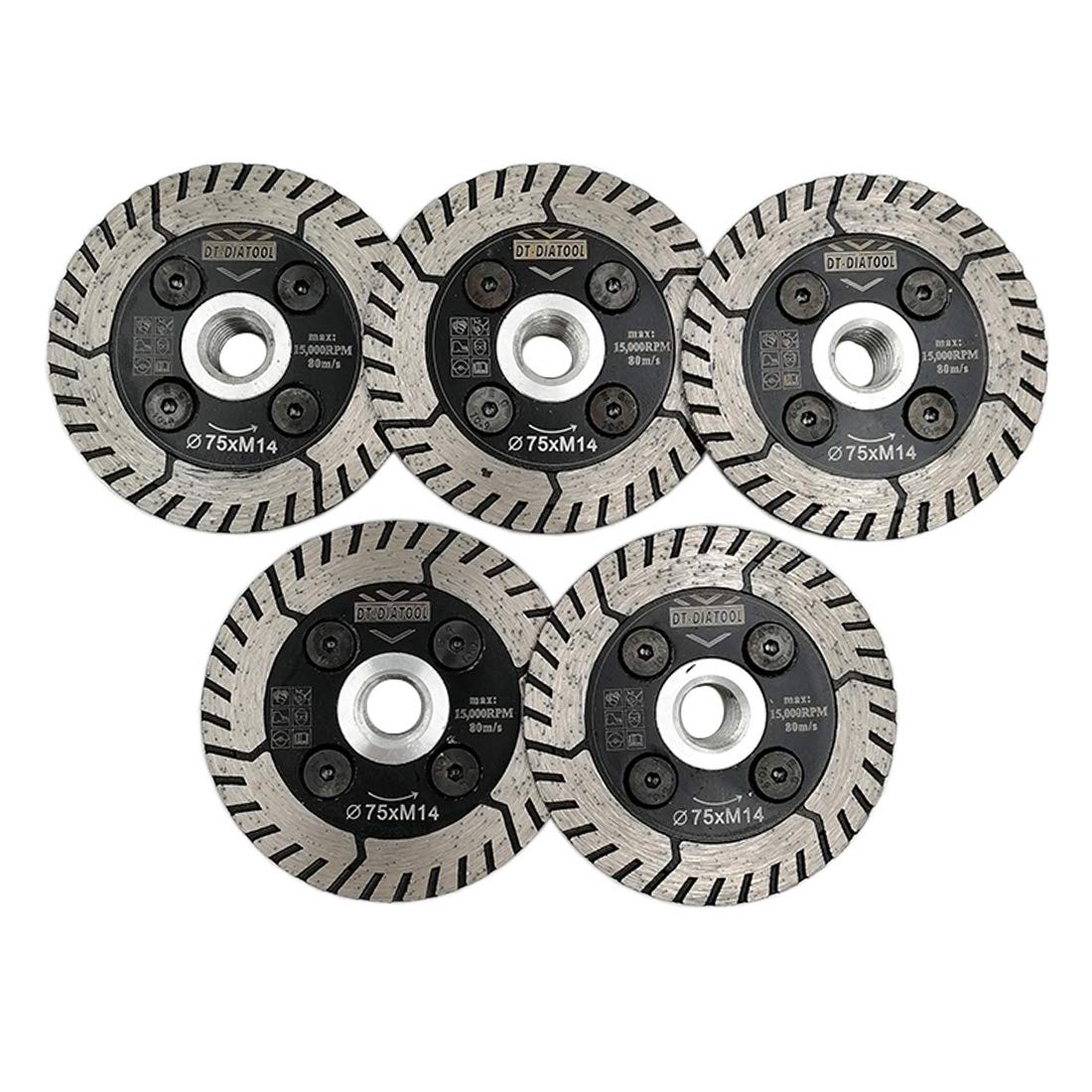 DT-DIATOOL Diamond Dual Saw Disc 5PCS 3 Inch / 75mm Disc with M14 Thread for Cutting Grinding Concrete Granite Marble Stone