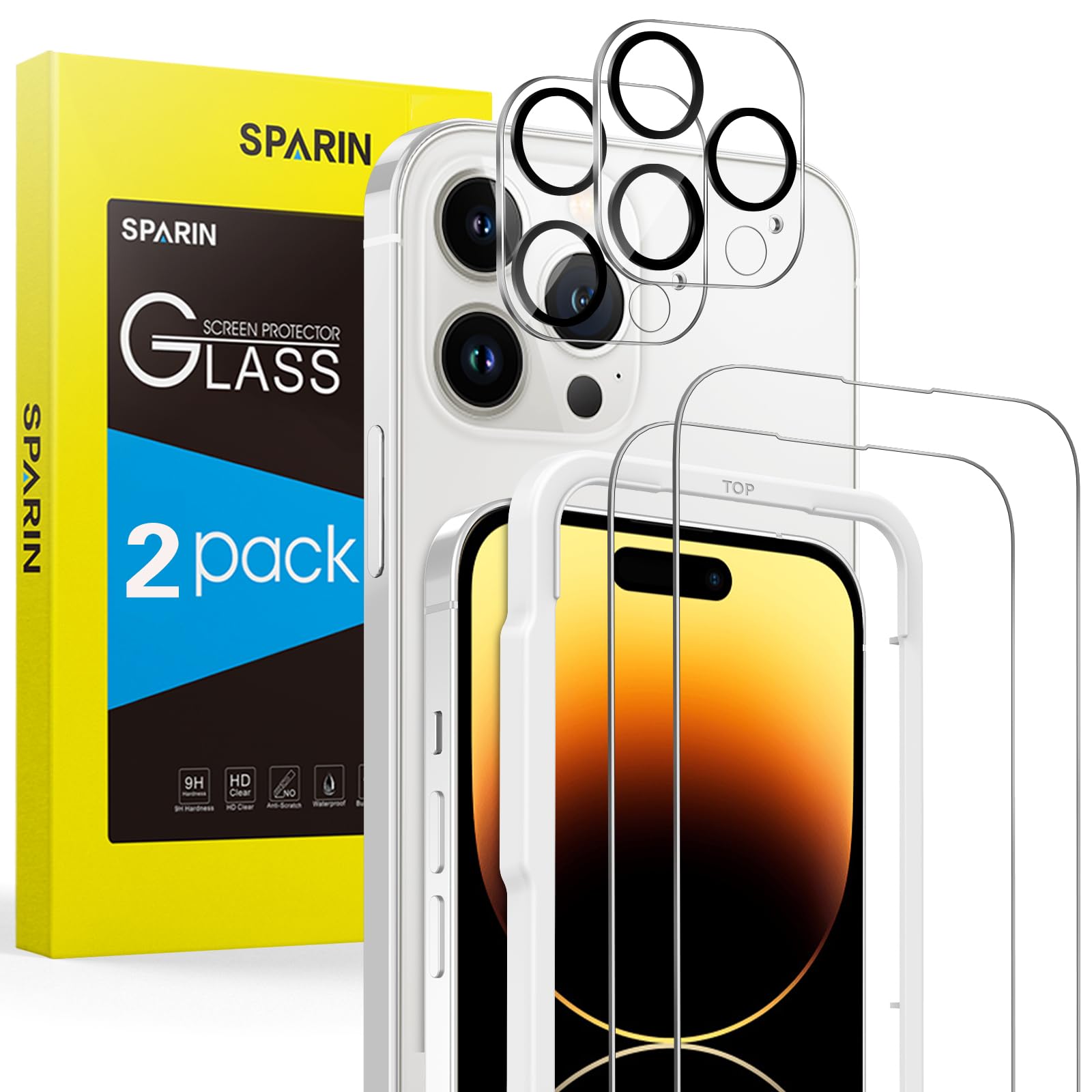SPARIN 2 Stück Schutzfolie für iPhone 14 Pro Max und 2 Stück Kameraschutz, 9h Härte