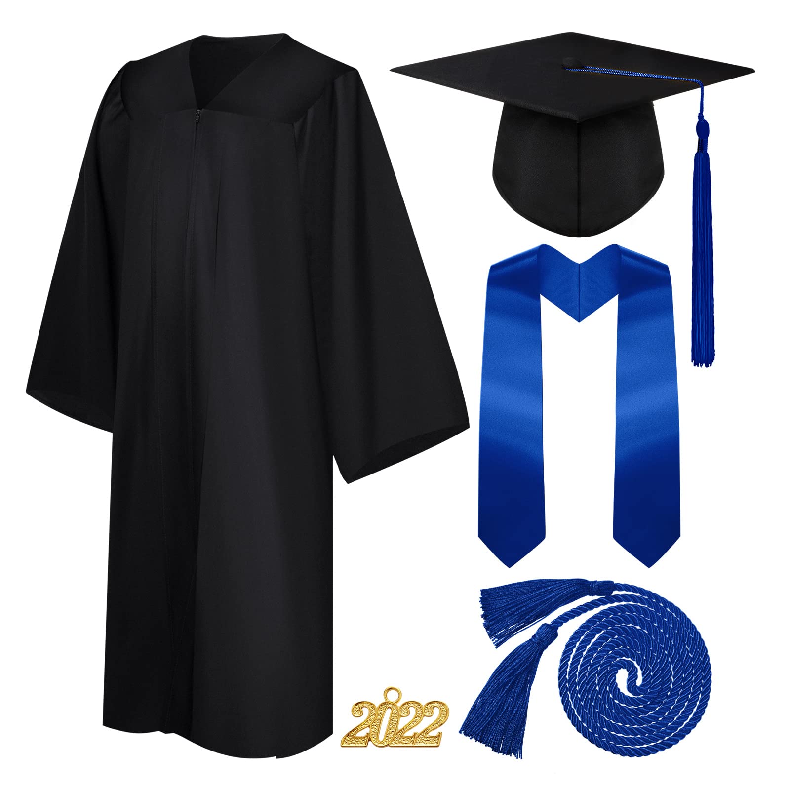 Syhood4 Pieces 2023 Unisex Graduation Matte Gown Cap Tassel Set Honor Cord 2023 Charm for Graduation