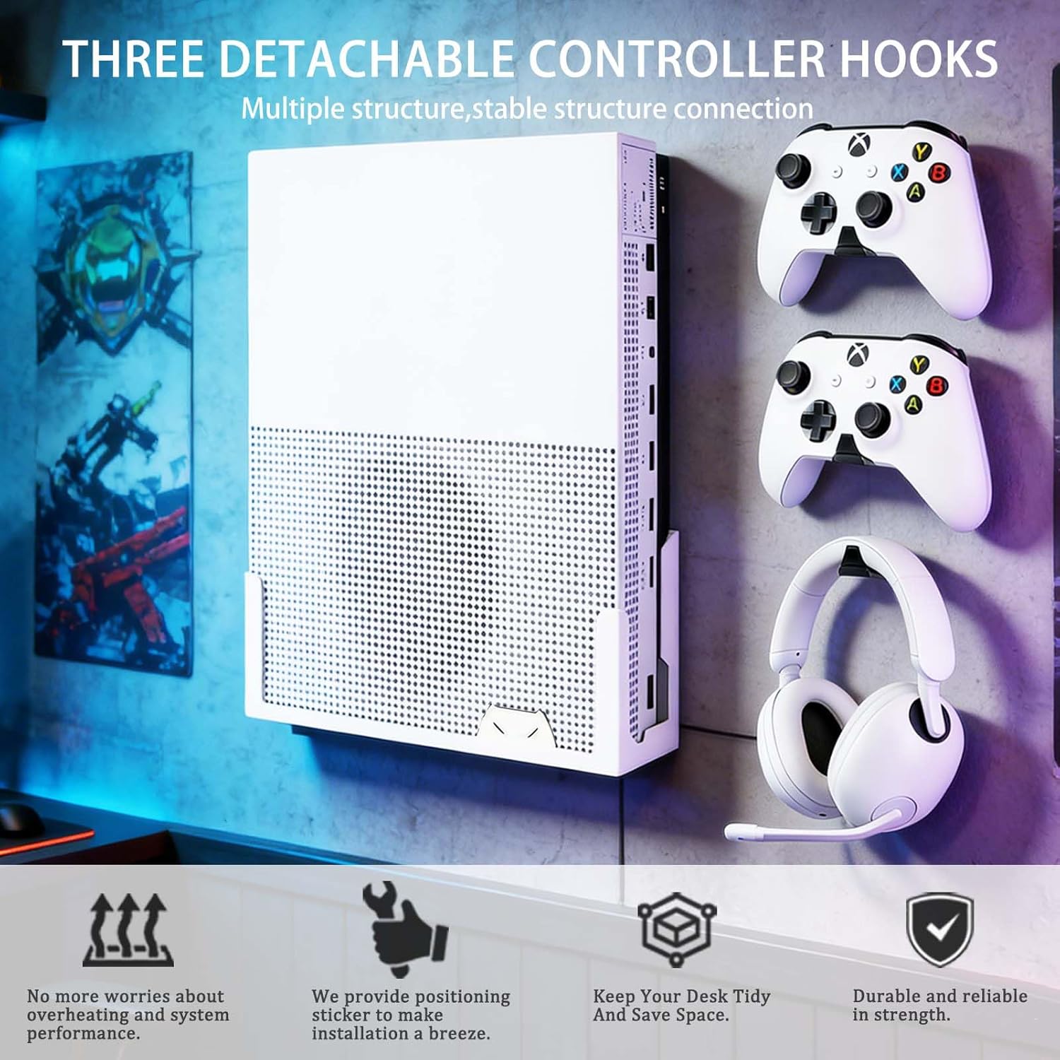GETYEA Wall Mount for Xbox One S with 3 Detachable Controller Holders,Metal Stand for Xbox One S Accessories(Mounts Xbox 1S by TV)
