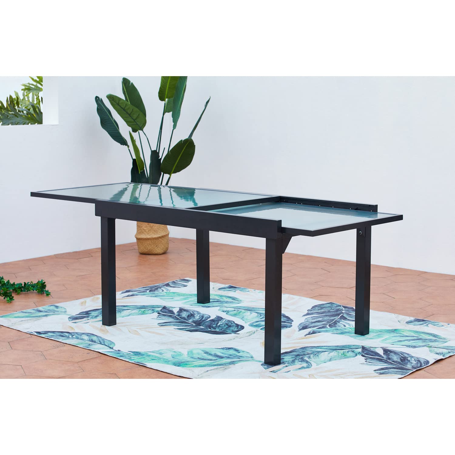 Concept Usine | Mesa de Jardín Extensible Brescia | Mesa de Aluminio con Acabado Epoxi | Mecanismo de Extensión a 270 cm con Corredera, Deslizante con Rieles | Tapa de Cristal de Estilo Nashiji