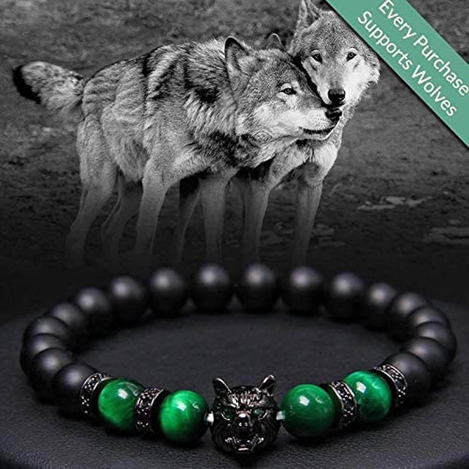 3Pcs Save A Wolf Bracelet,Wolf Head Lava Rock Bracelet,Healing Crystal Stress Relief Anti Anxiety Energy Stone Beaded Bracelet,Adjustable Bracelet for Men (Set) - Image 3