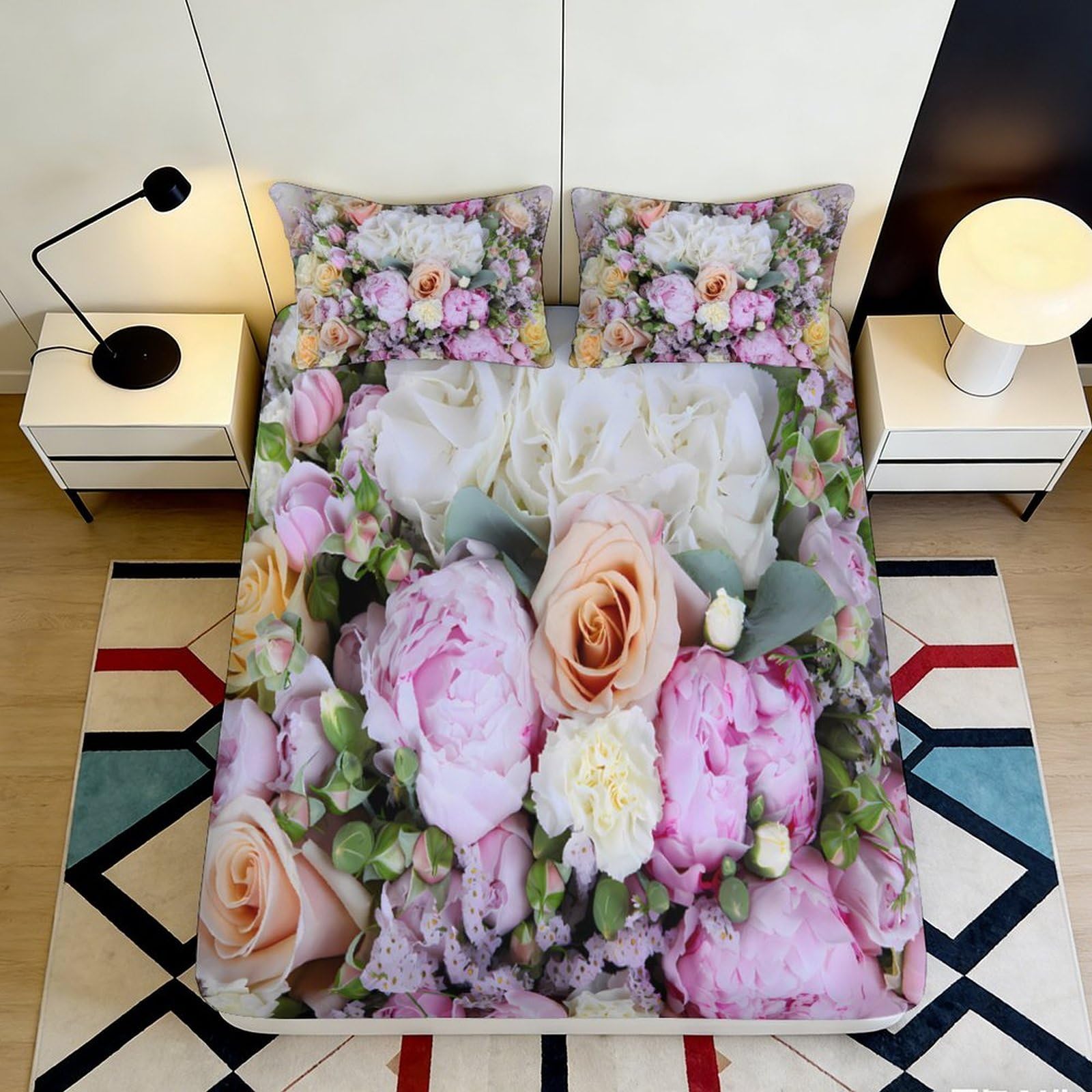 3D Printed Peony Rose Fitted Sheet Microfiber Floral Bed Cover for Bedroom Guest Room Dustproof Washable Decor 90x200x25cm
