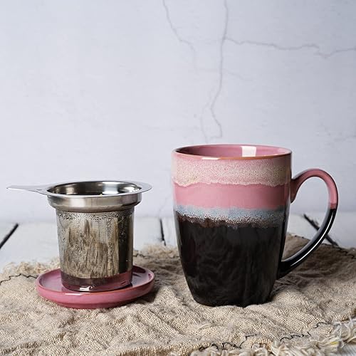 Miniatura 10 de Bosmarlin Taza de té de cerámica con infusor y tapa, 13.5 onzas, 4 colores a elegir, apta para lavavajillas y microondas, esmalte reactivo, taza de