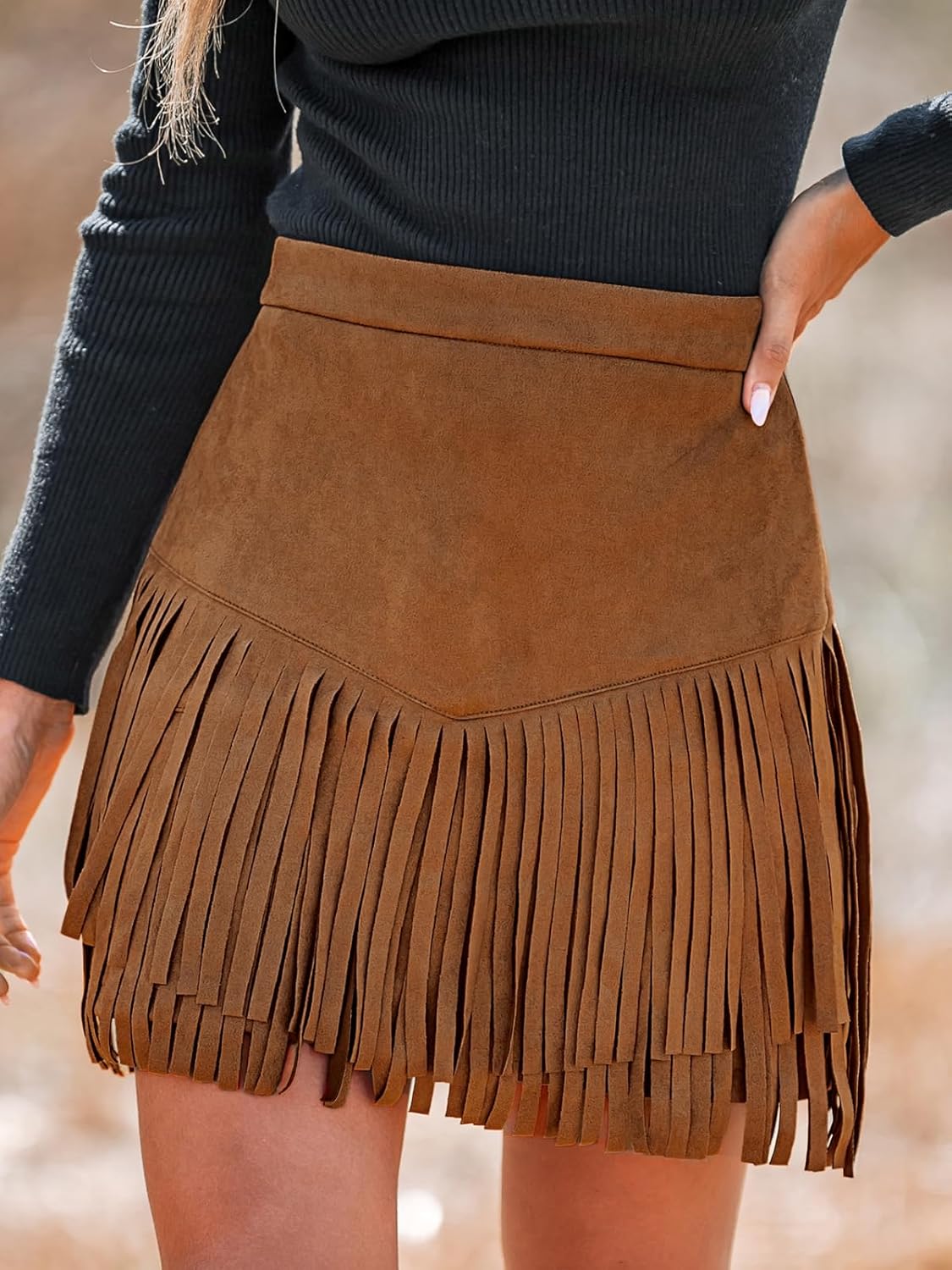 CUPSHE Women Fringe Skirts Western Cowgirl Terra Cotta High Waist Mini Skirt Suede Tassel Short Counrty Concert - Image 3