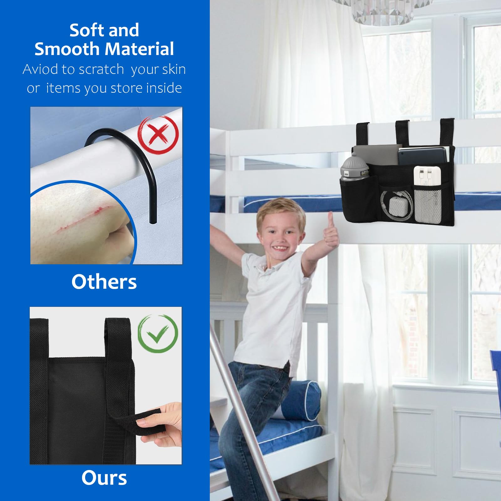 Surblue Bedside Caddy Bed Organizer Hanging Storage Bag for Hospital Beds Bunk Rooms Baby College Dorm Bed Rails Camp Wheelchairs,4 Pockets,Black