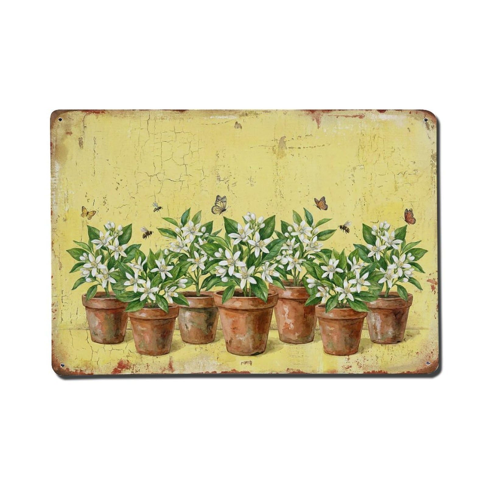 Vintage Rustic Flower Potted Plants Citrus Metal Tin Sign