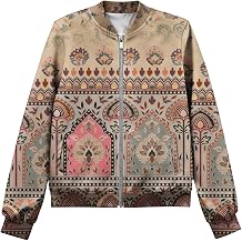 Fall/Winter Boho Print Graphic Coat Womens Full Zip Crew Neck Long Sleeve Lightweight Bomber Jacket