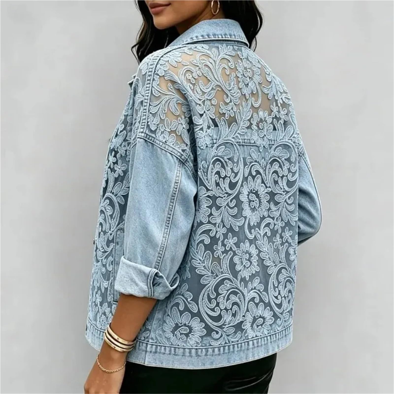 Giacca di Jeans Donna Capispalla corto con giacca a maniche lunghe in denim patchwork ricamato in pizzo floreale trasparente Per uscire