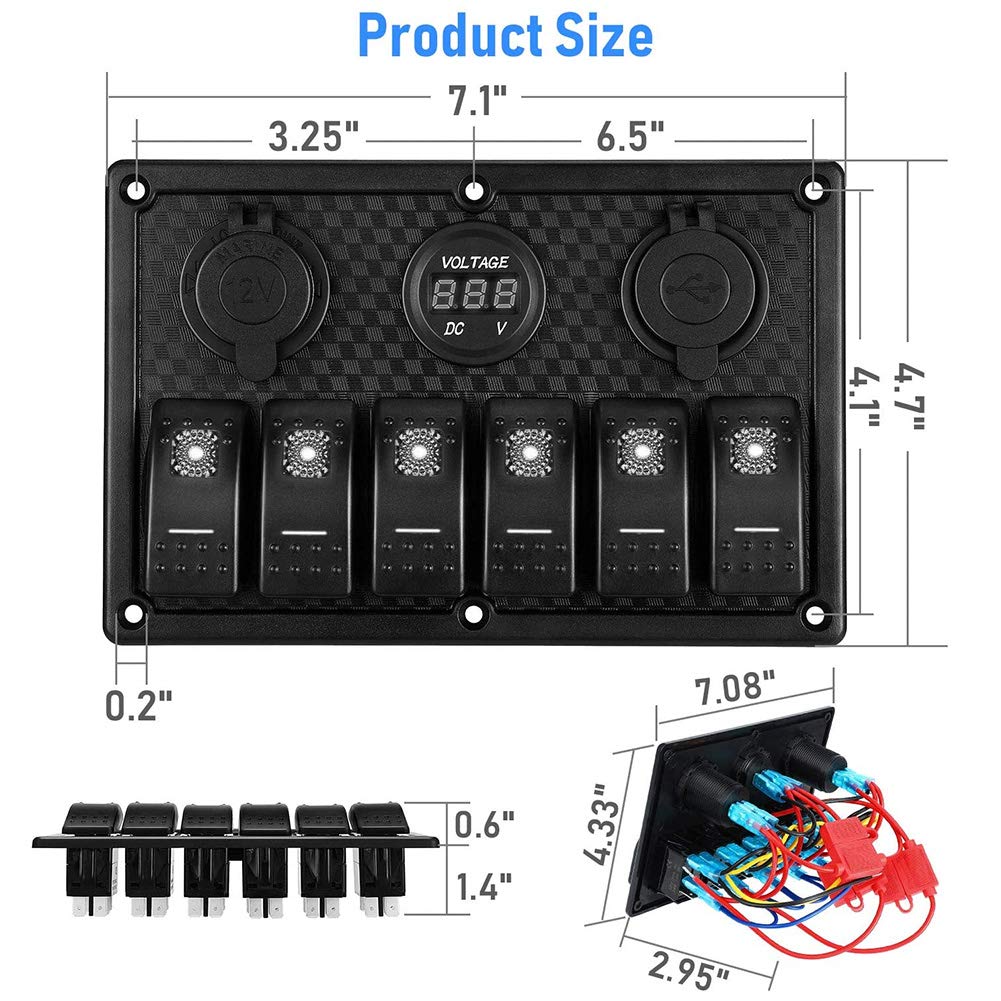 Panel przełączników kołyskowych 6-krotny wodoodporny, wstępnie okablowany z gniazdem zapalniczki 2 wyświetlacz woltomierza USB 12 V 24 V do samochodu ciężarówka łódź RV czarny ABS