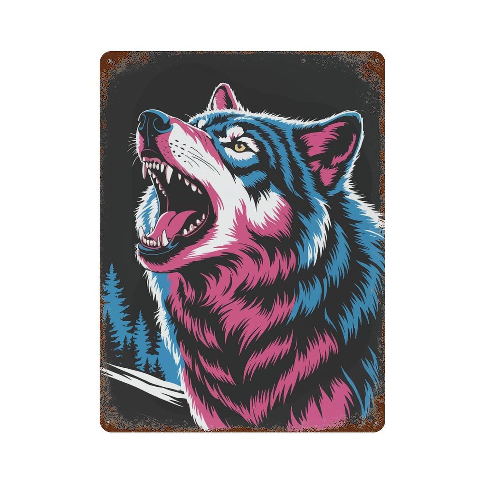 Colorful Howling Wolf Illustration Decorative Tin Sign 15.7"x11.8", for Bistro, Counter And Cafe Decor, Retro Wall Decor
