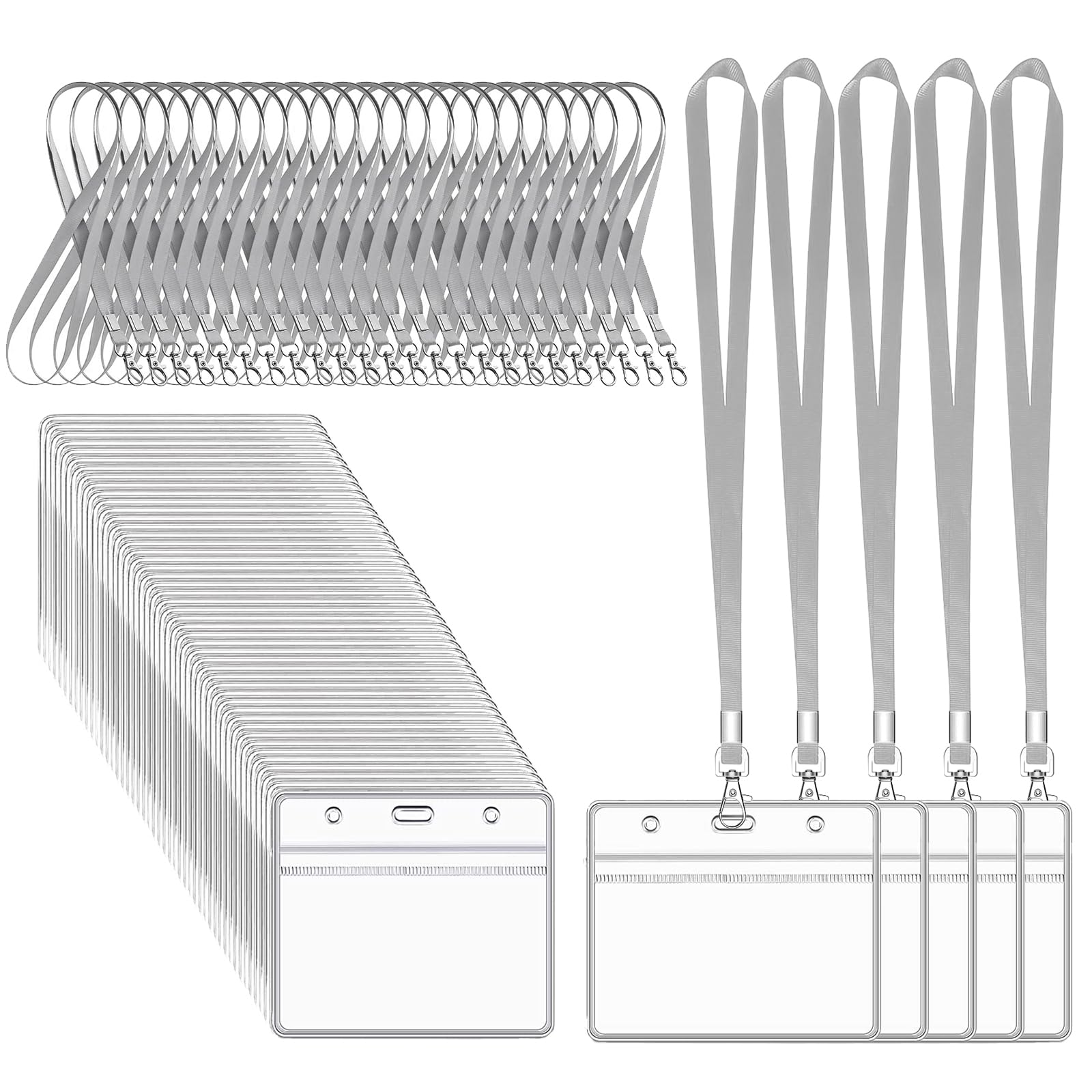 XHDA Grey 50PCS Lanyards for Neck with 50PCS Card Holder, Lanyard with Clear Plastic Card Holder for ID Card and Staff