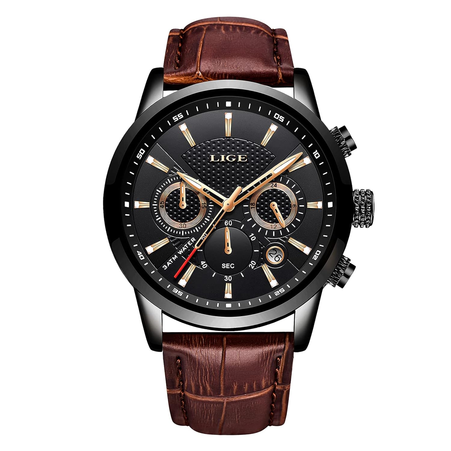 LIGE Mens Watches Chronograph Leather Waterproof Analogue Quartz