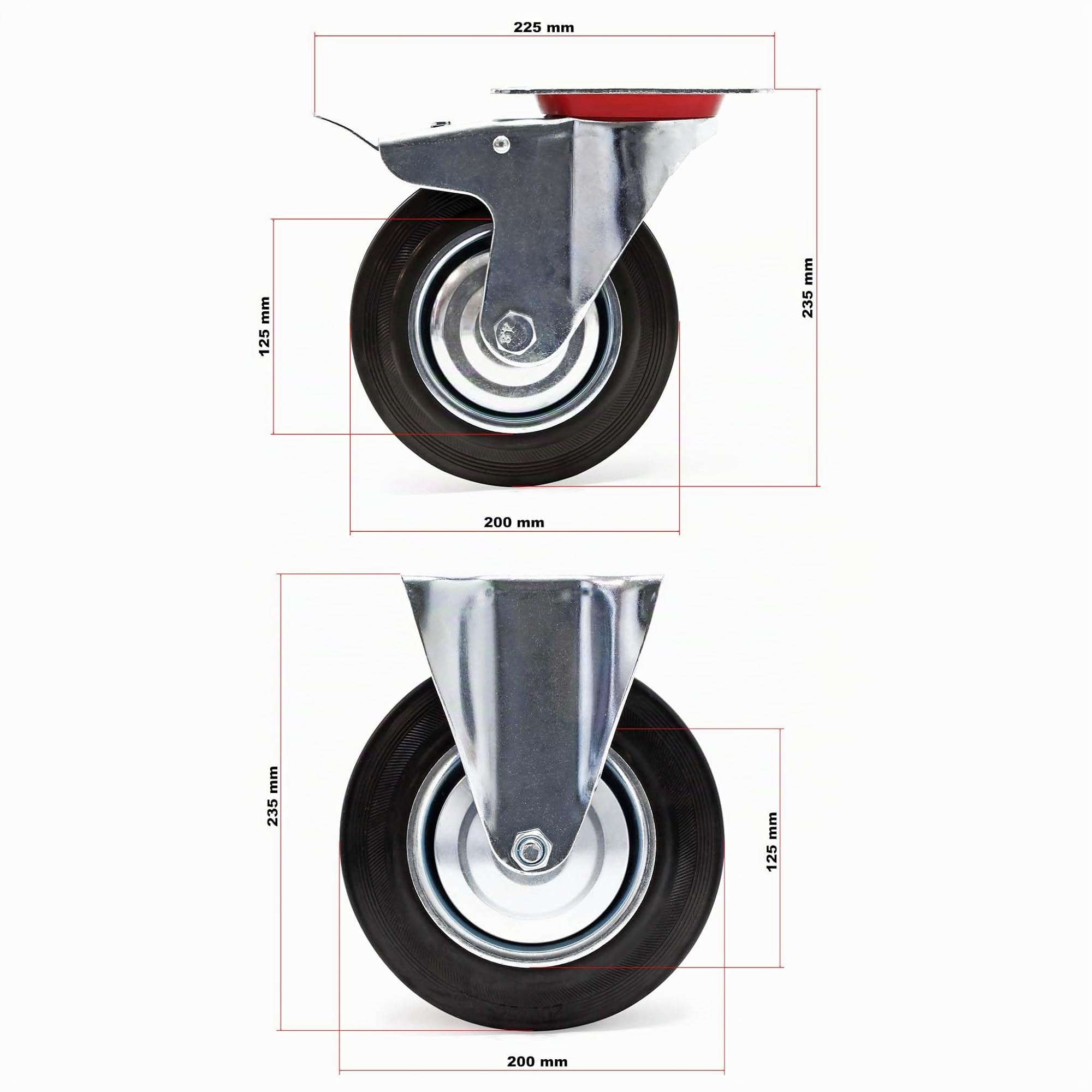 Wiltec Kit 4x Roulette – 2x Pivotantes double arrêt et 2x Fixes – Diamètre 200 mm – Capacité 150 kg/roue – Charge lourde, Caoutchouc plein Transport Meuble